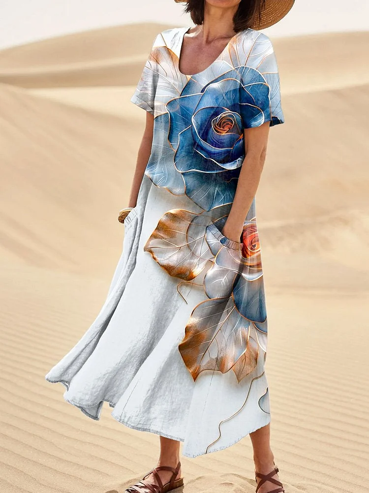 Glass Rose Art Printed Women's Linen Pocket Dress