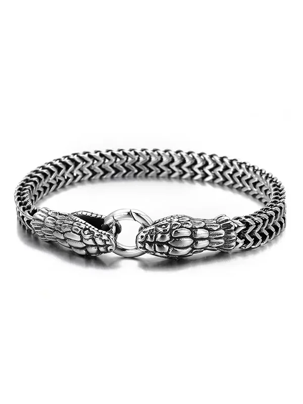Vintage Double Headed Snake Titanium Steel Curb Chain Bracelet