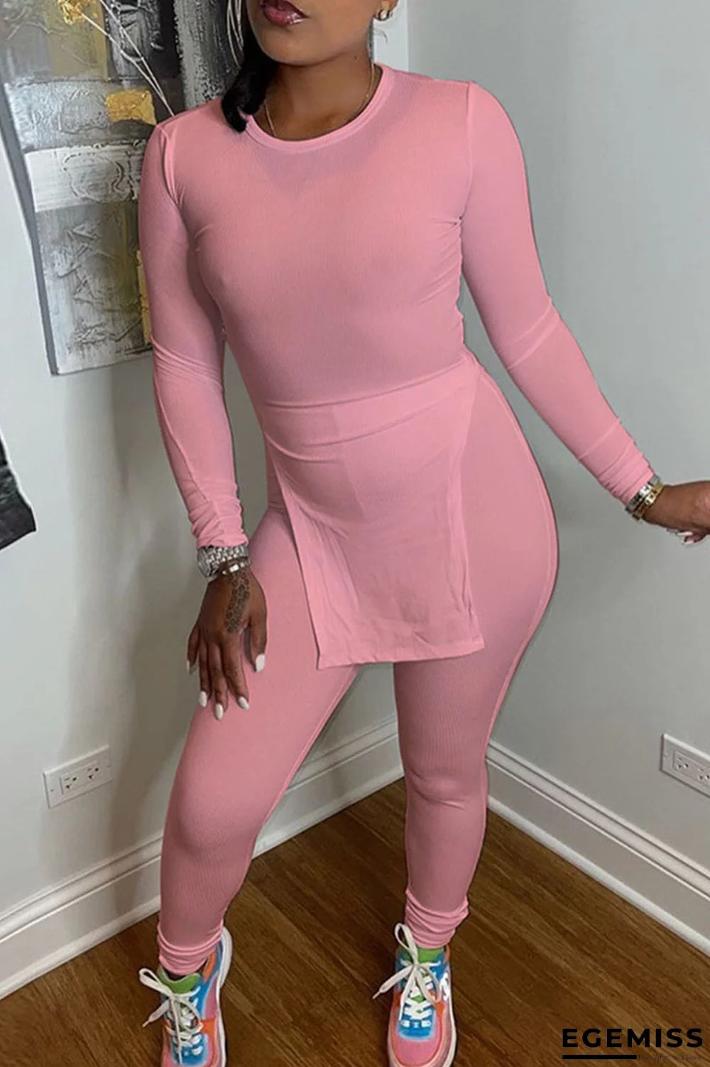 Pink Casual Solid Patchwork Slit Asymmetrical O Neck Long Sleeve Two Pieces | EGEMISS