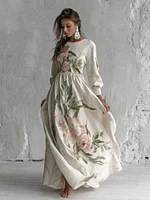Women's Rose Printed Art V-neck Long Sleeve Maxi Dress