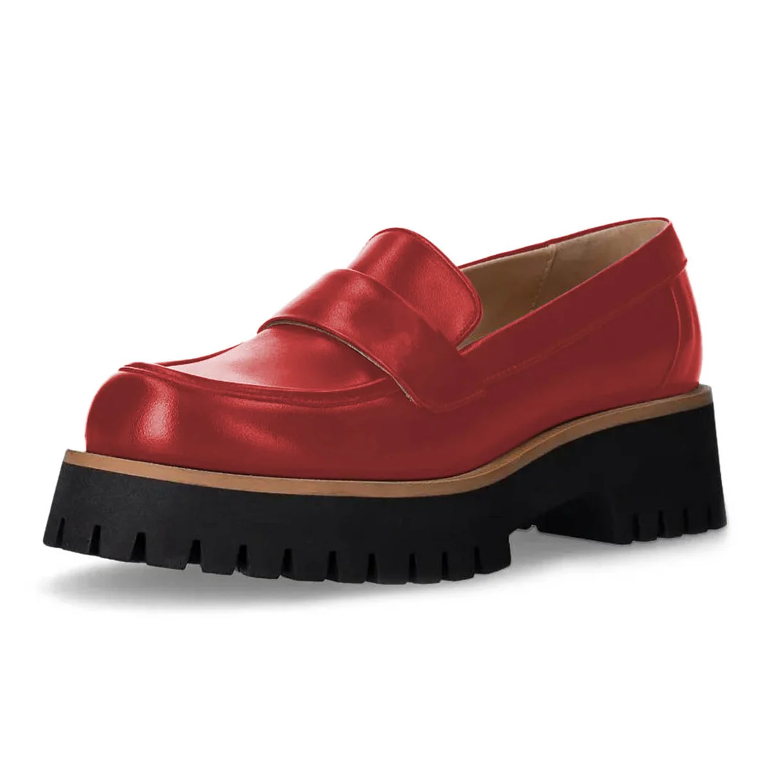 Classic Red Vegan Leather Round Toe Lug Sole Chunky Loafers