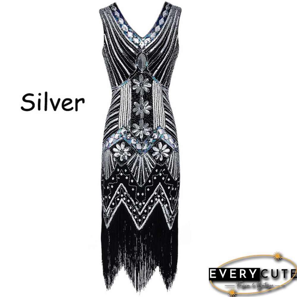 Vintage Dress Great Gatsby Dress 1920S Sequin Flapper Evening Dress Prom Tassel Hem Dress