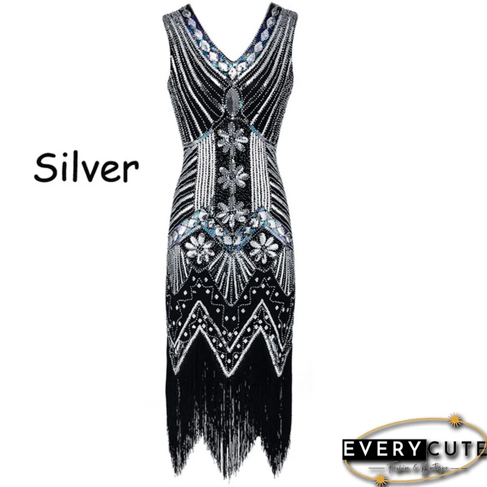 Vintage Dress Great Gatsby Dress 1920S Sequin Flapper Evening Dress Prom Tassel Hem Dress