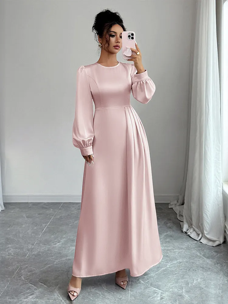 A-Line Elasticated Waist Asymmetric Pleated Solid Color Split-Joint Round-Neck Maxi Dresses
