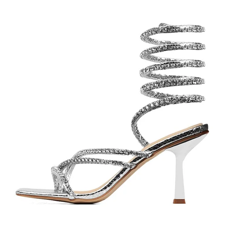 Silver Square Toe Rhinestoners Sandals Women'S Elegant Kitten Heel Party Wrapped Shoes |FSJ Shoes