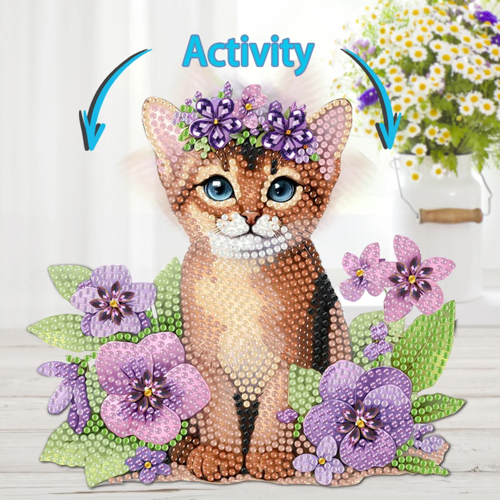 2D Flat Cat DIY Shaking Head Cat Purple Flower Diamond Painting Desktop Decor