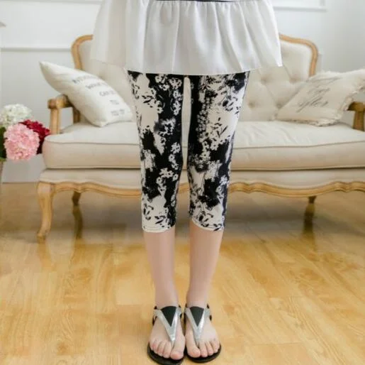 CUHAKCI Calf-Length Floral Stripe Print Sexy Pants Black Short Capris Women Summer Leggings High Waist