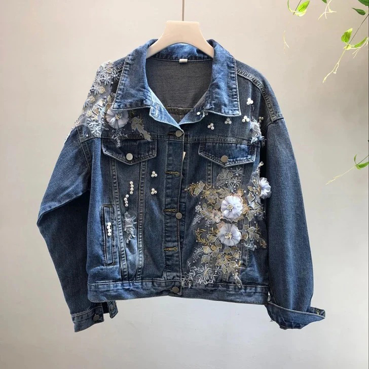 Comstylish Women's Floral Embroidery Art Denim Jacket