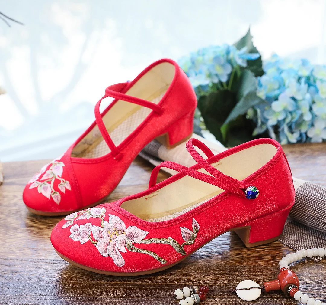 Colourp Colourp Heel Shoes, Thick Heel Women's Shoes, Embroidered Cloth Shoes Retro Dance Shoes Middle Heel Shoes, Spring And Summer Style