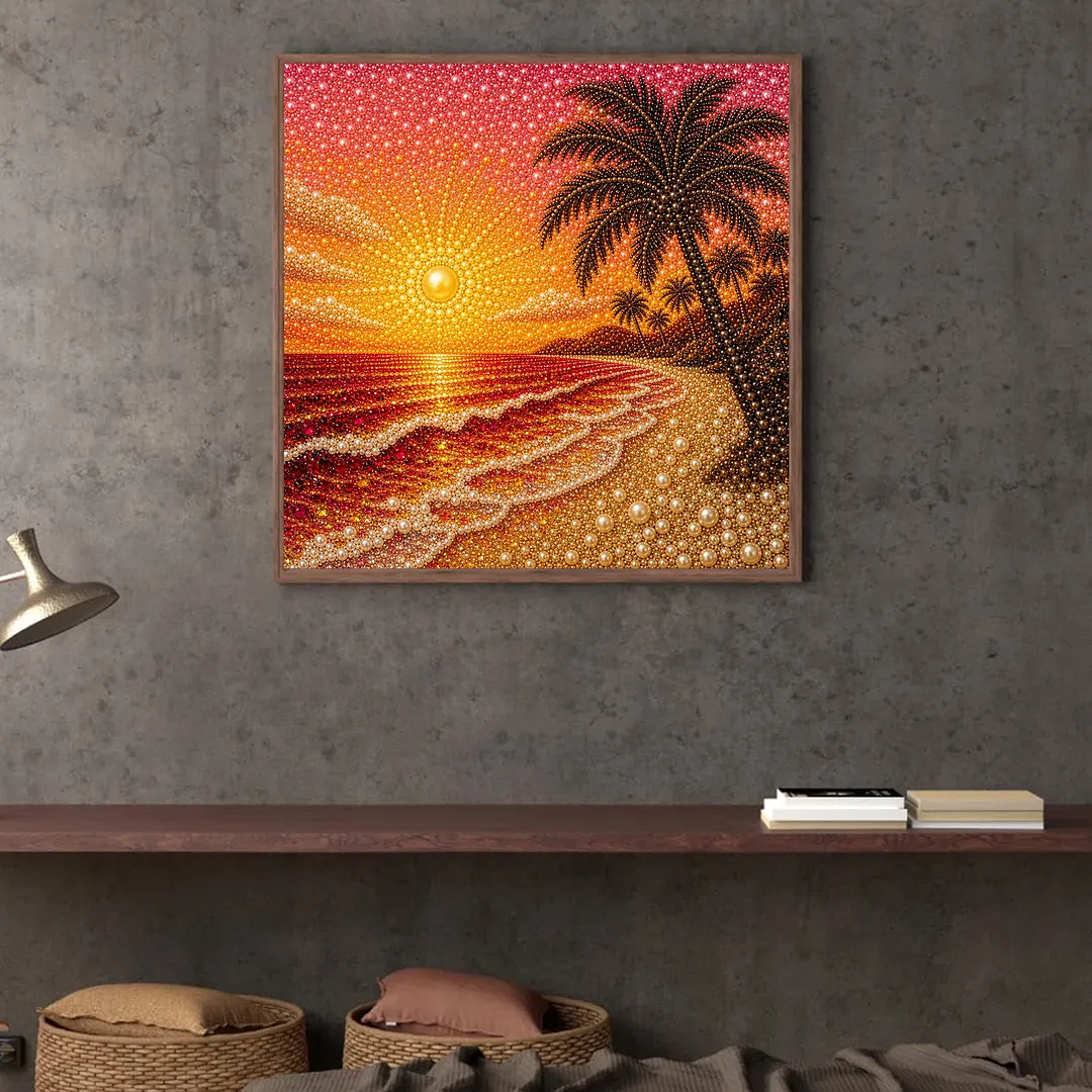 Sunset Beach Pearl Full DIY 5D Round Drill Gem Art Diamond Painting Kits 15.75x15.75 in Diamond Dots Paintings Picture Arts Craft Diamond Art Kits for Adults Beginner Home Wall Decor