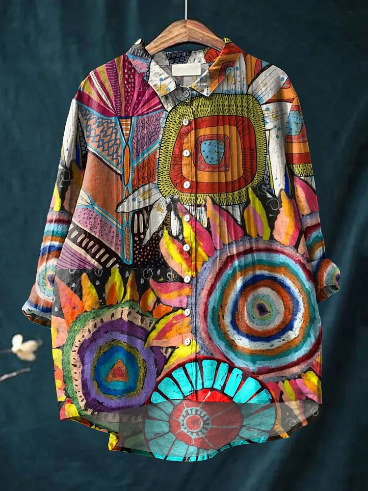 Women's Beautiful Abstract Large Flower Painting Art Print Casual Cotton And Linen Ruffle Shirt