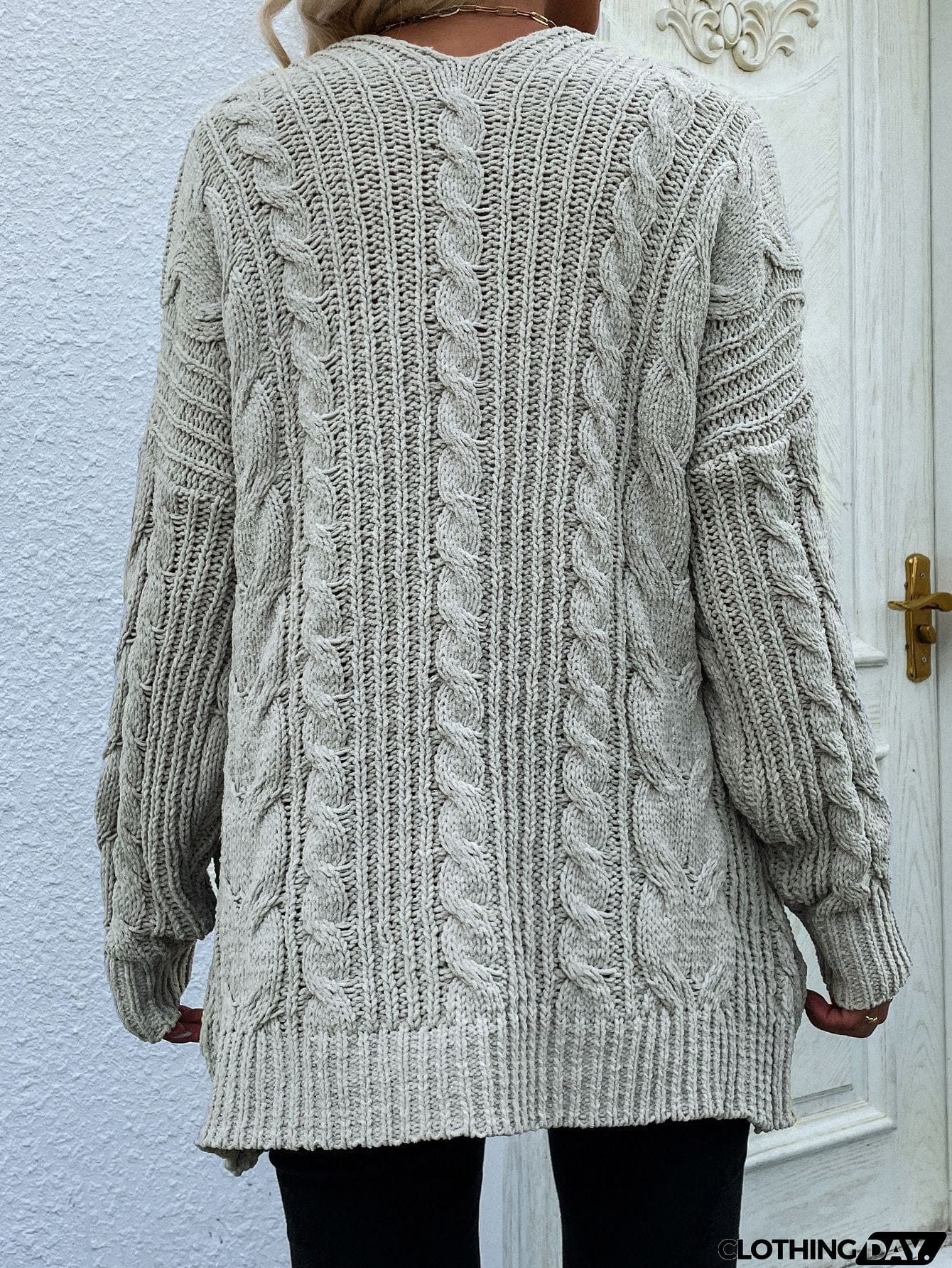 Woven Right Cable-Knit Open Front Cardigan with Front Pockets