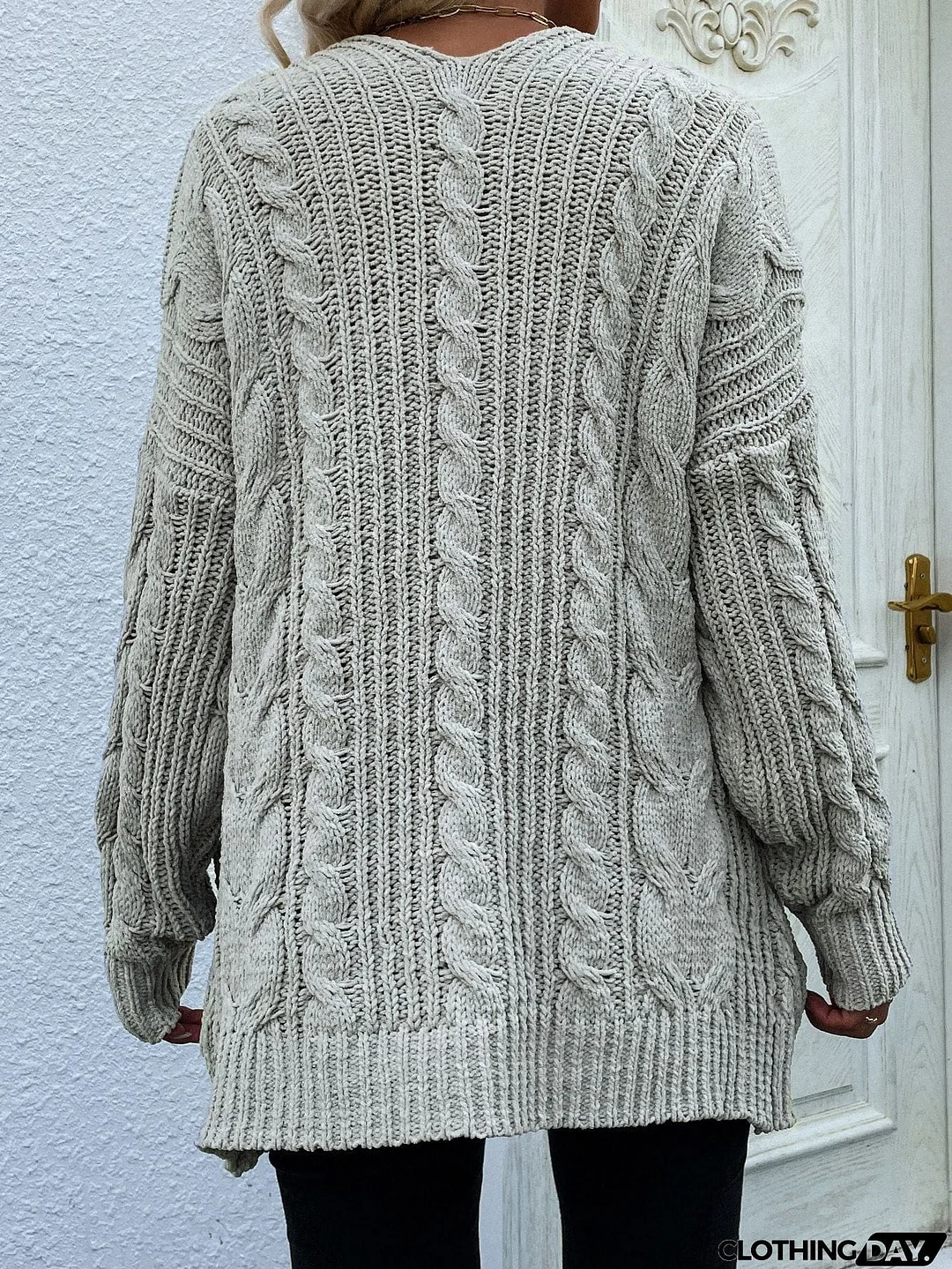 Woven Right Cable-Knit Open Front Cardigan with Front Pockets