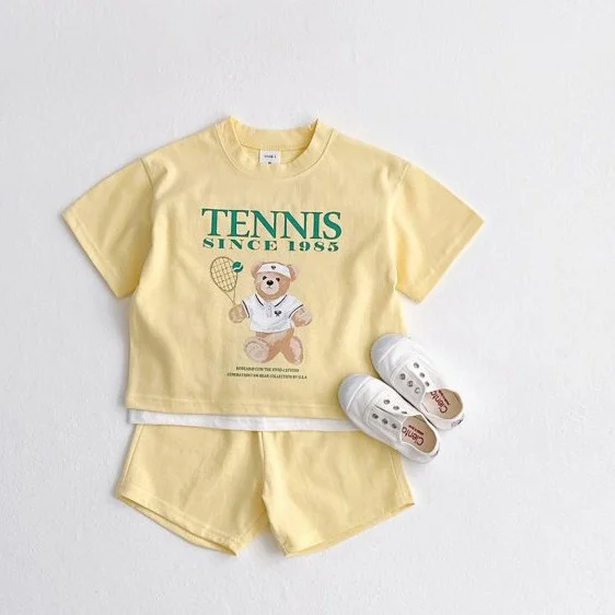 2pcs Baby Toddler Boy/Girl Tennis Bear Print Short Sleeve T-shirt and Shorts Set