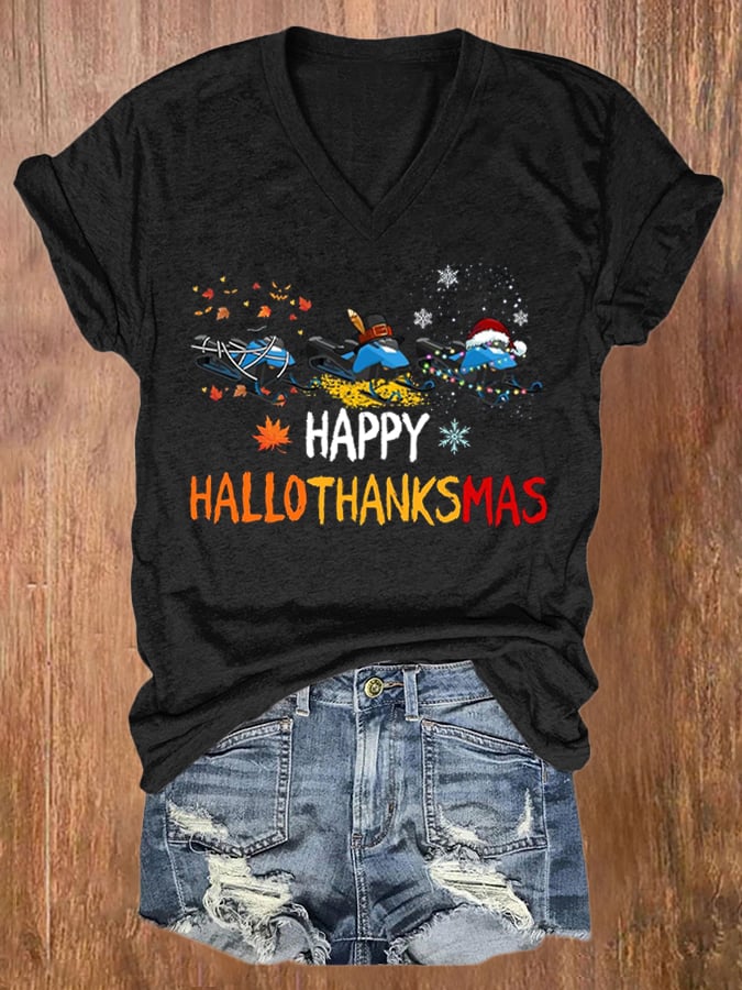Women's Casual Happy Hallothankmas Print Short Sleeve T-Shirt