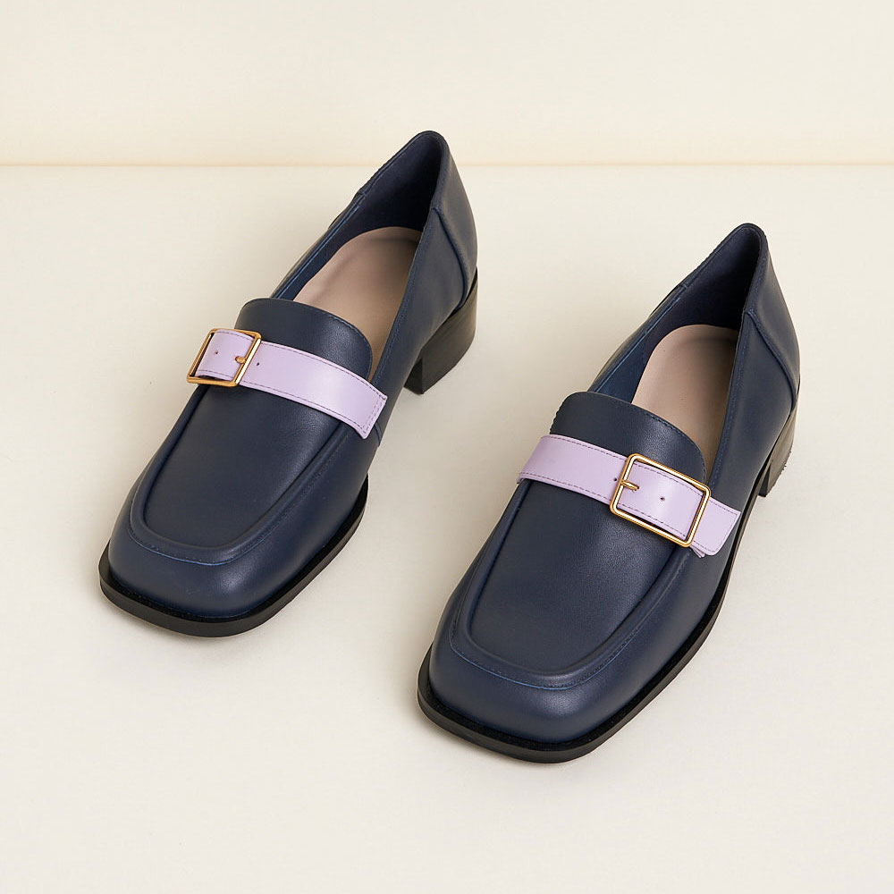Fashion Navy Square Toe Low Heel Buckled Chunky Loafers for Ladies Nicepairs