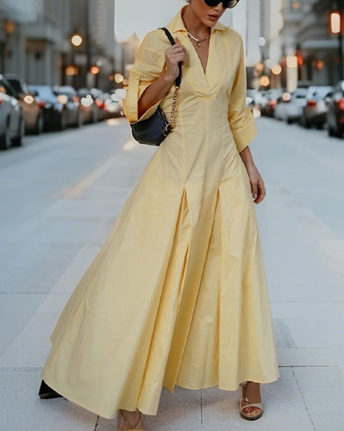 Pleated Hem Shirt Collar V Neck Long Sleeve Solid Color Maxi Dress
