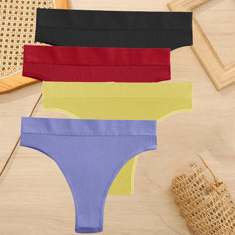 FINETOO 4PCS/Set Women Seamless Pantys Girls Thongs High Waisted Soft Woman Briefs 10 Solid Colors S-XL Sexy Underpant For Women