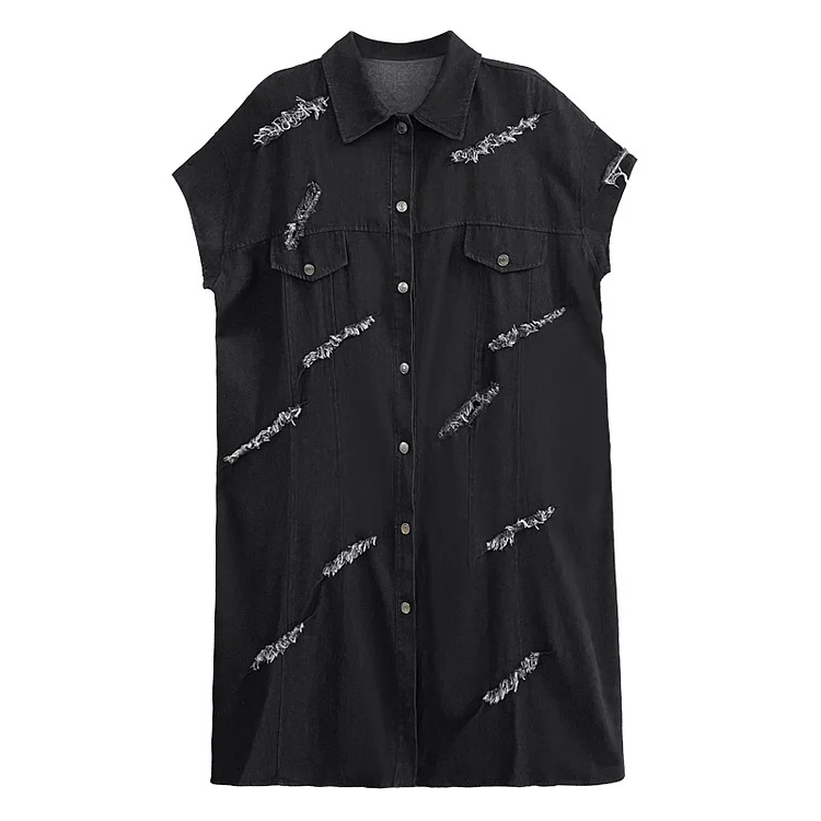 Simple Splicing Denim Short Sleeve Midi Dress - yankia