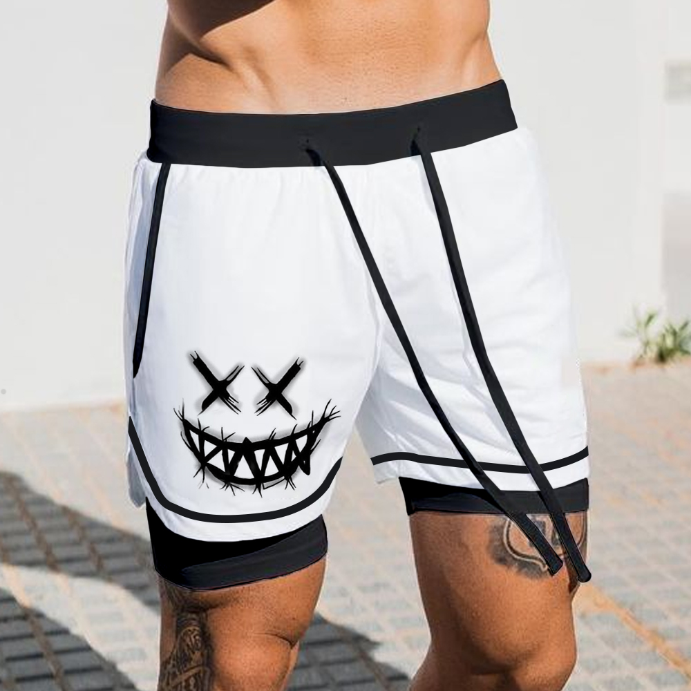 Casual Smiley Print Double Layer Gym Shorts