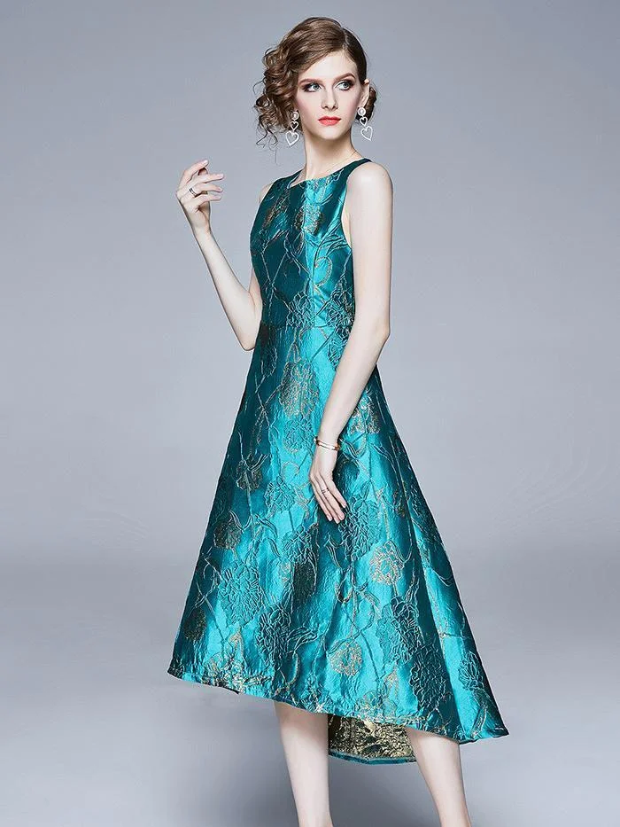 Green round neck sleeveless jacquard dovetail irregular dress