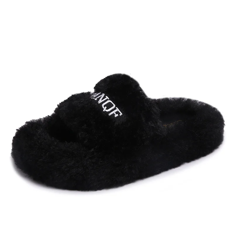 Yyvonne Plush Slippers Women Wear High-Level Spring And Autumn Leisure Home Thick Embroidery A Word Hairy Slippers