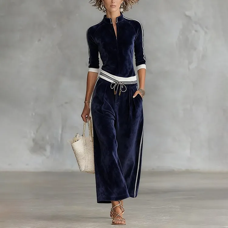 Women&rsquo;s Blue Velour Mock Neck Zip Front Top &mdash; Side Stripe Cropped Athleisure Sweatshirt