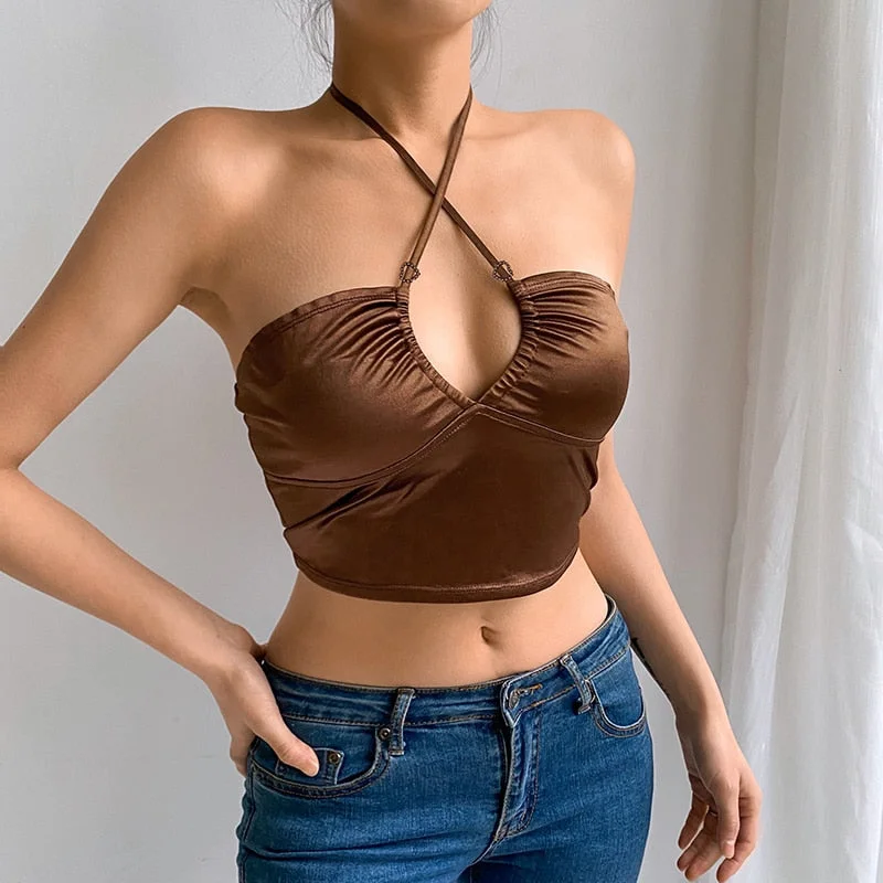 HEYounGIRL Sexy Strappy Brown Halter Crop Top Women Summer Backless Cami Tops Tees Ladies Fashion Fitness Camisole Party