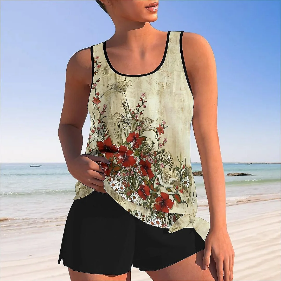 Bowknot Floral,Red,Beige,Gray Mid Waisted Tankini Set - Plus Size Available