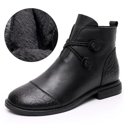 GKTINOO Autumn Winter Genuine Leather Flat Ankle Boots For Women Warm Boots Side Zipper Soft Comfortable Cow Leather Botas