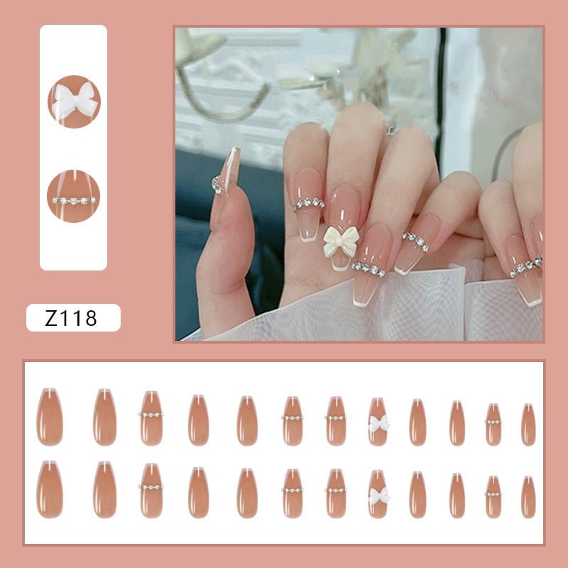 24PCS Rhinestone Inlaid Nail Patch Glue Type Removable Long Paragraph Manicure Save Time False Nail Patch SANA889