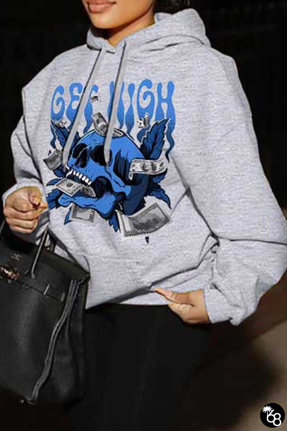 Grey Vintage Print Draw String Hooded Collar Tops | 168DEAL
