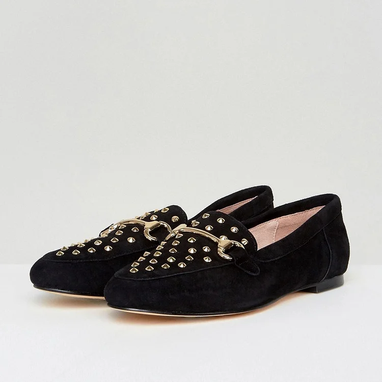 Black Vegan Suede Studded Horsebit Flat Loafers for Women |FSJ Shoes