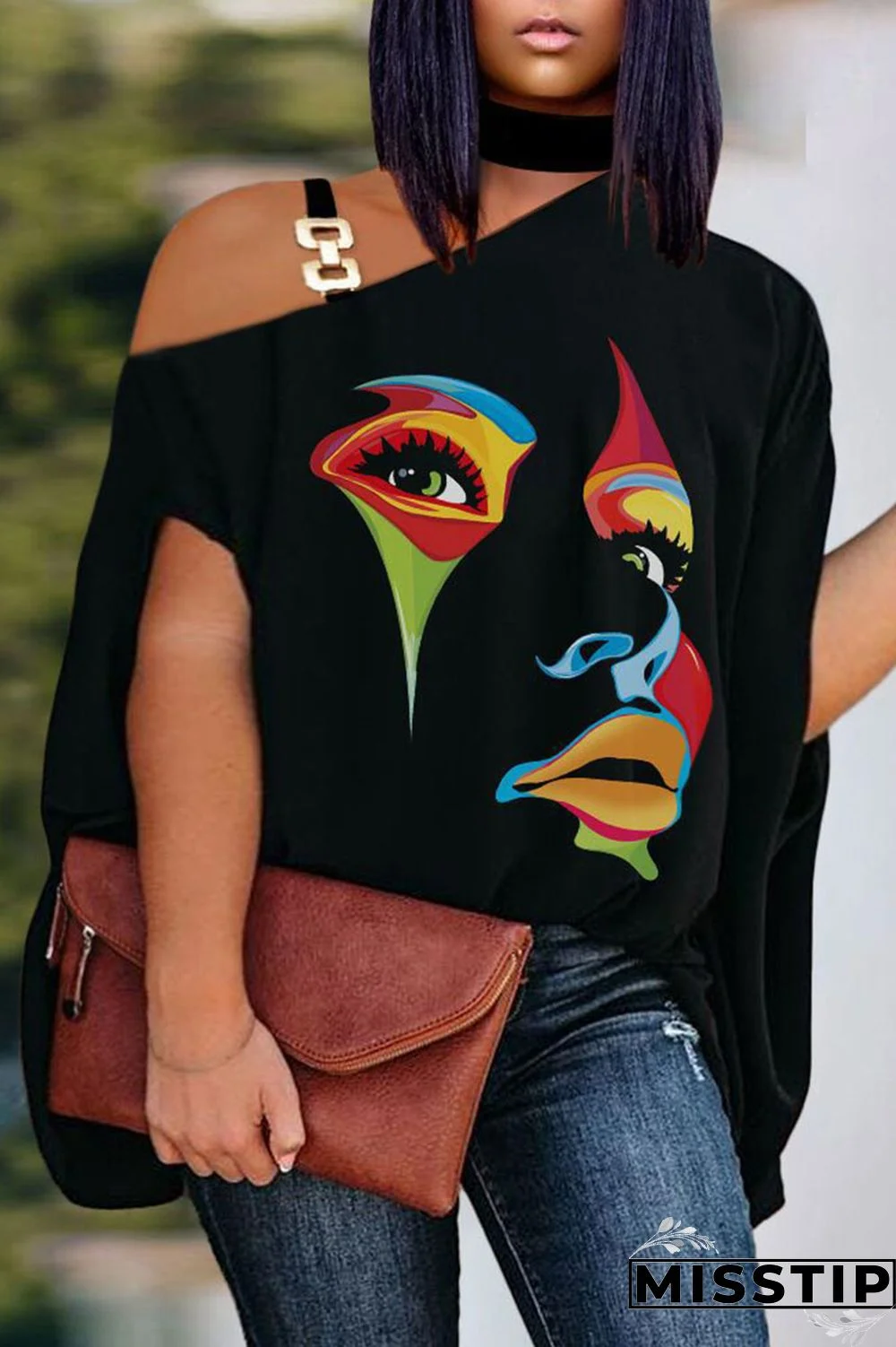 Black Casual Print Patchwork Asymmetrical Collar Plus Size Tops