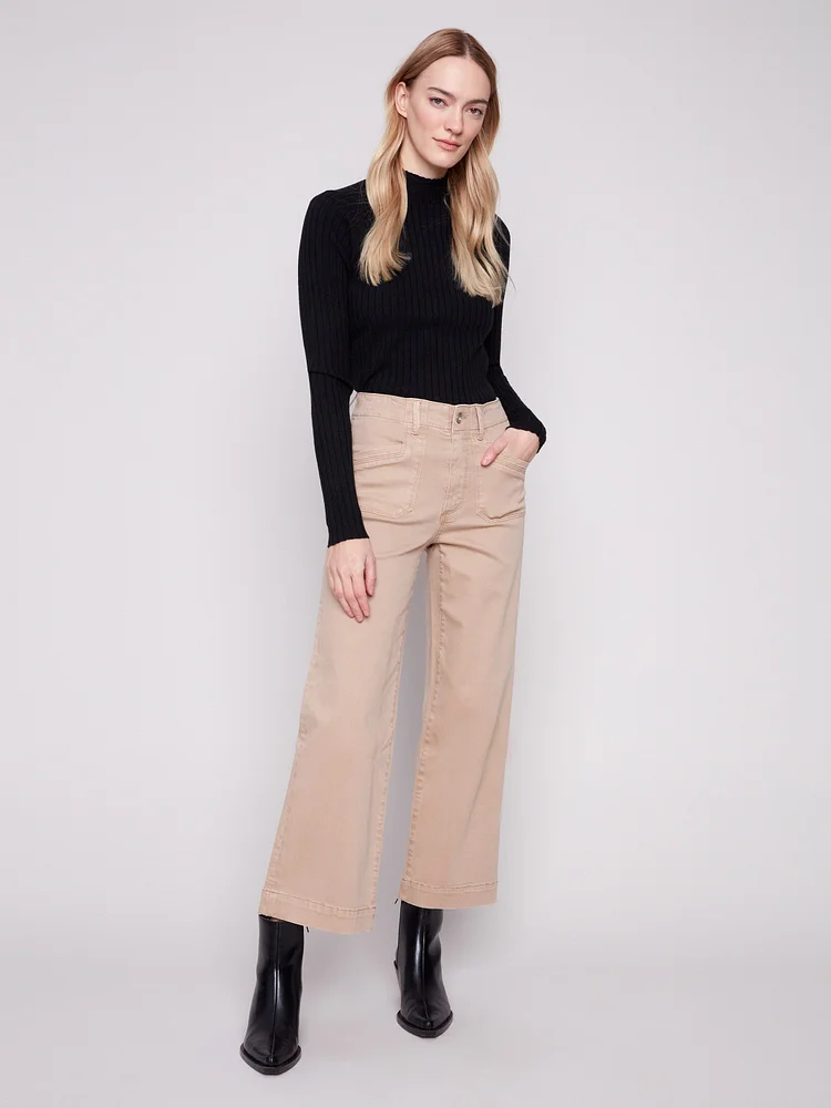 Cropped Wide Leg Stretch Twill Pants - Sesame