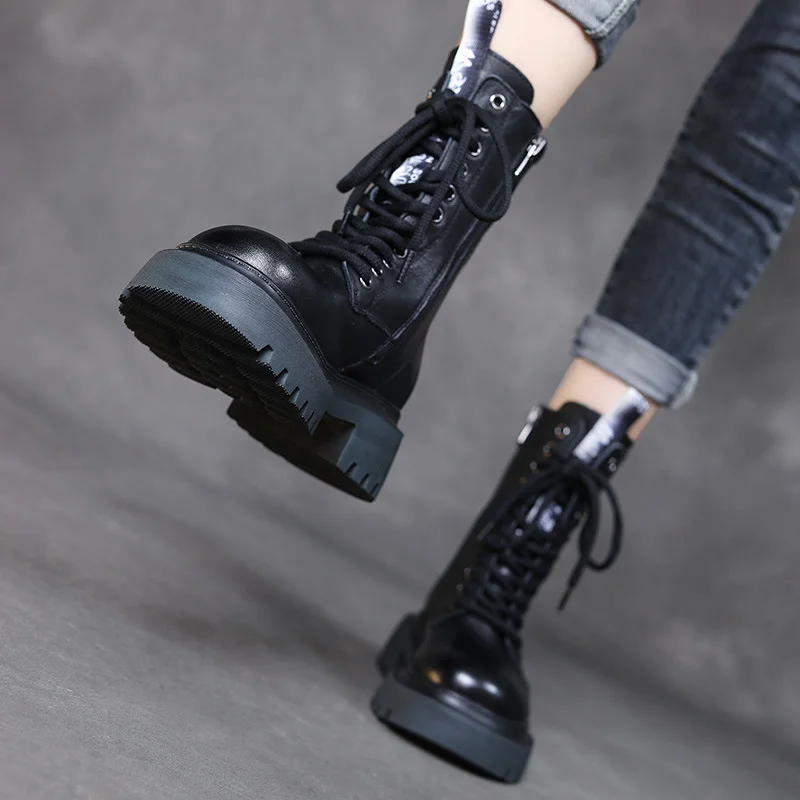 Yyvonne Leather Martin Boots High-Rise Kraft Mid-Sleeve Long Boots Autumn And Winter New Two Cotton Waterproof Table With Knight Boots