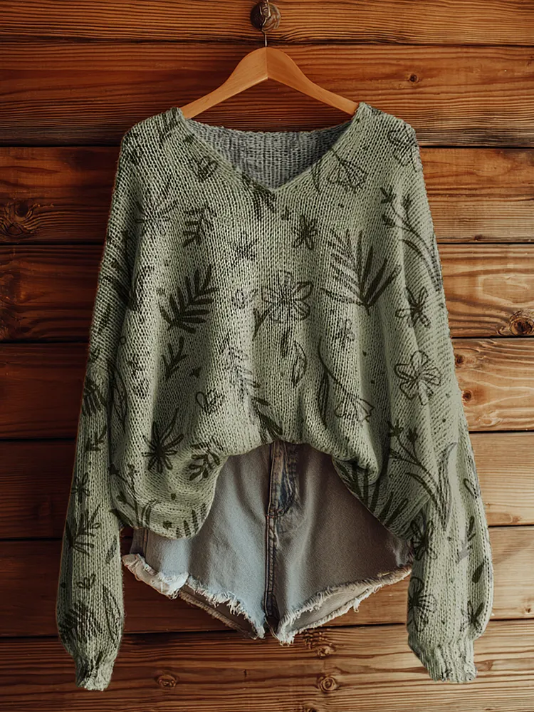Women's Vintage Floral Art Print Casual Pullover Sweater