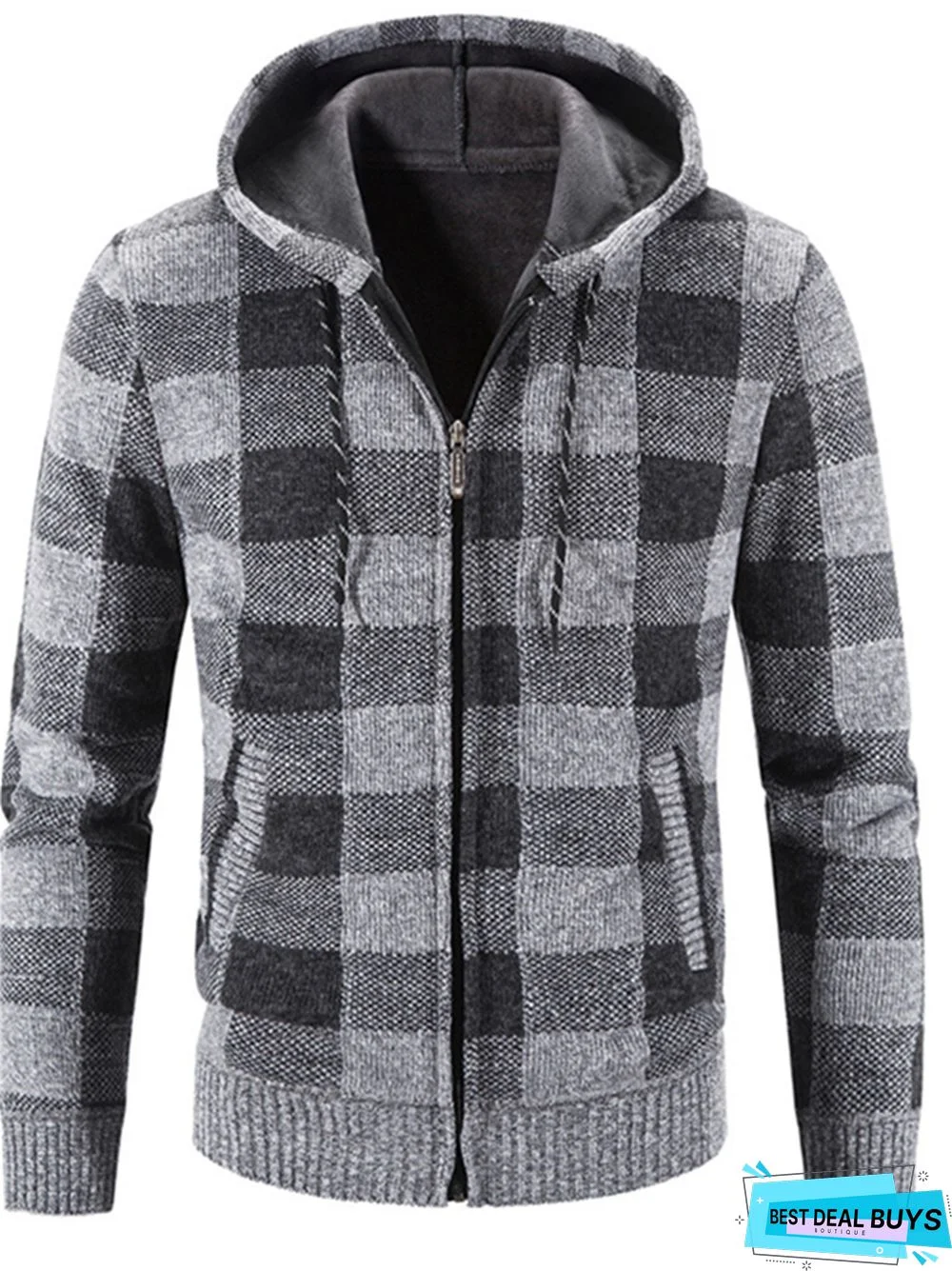 Men's Plaid Color Matching Hooded Loose Long Sleeve Sweater Coat