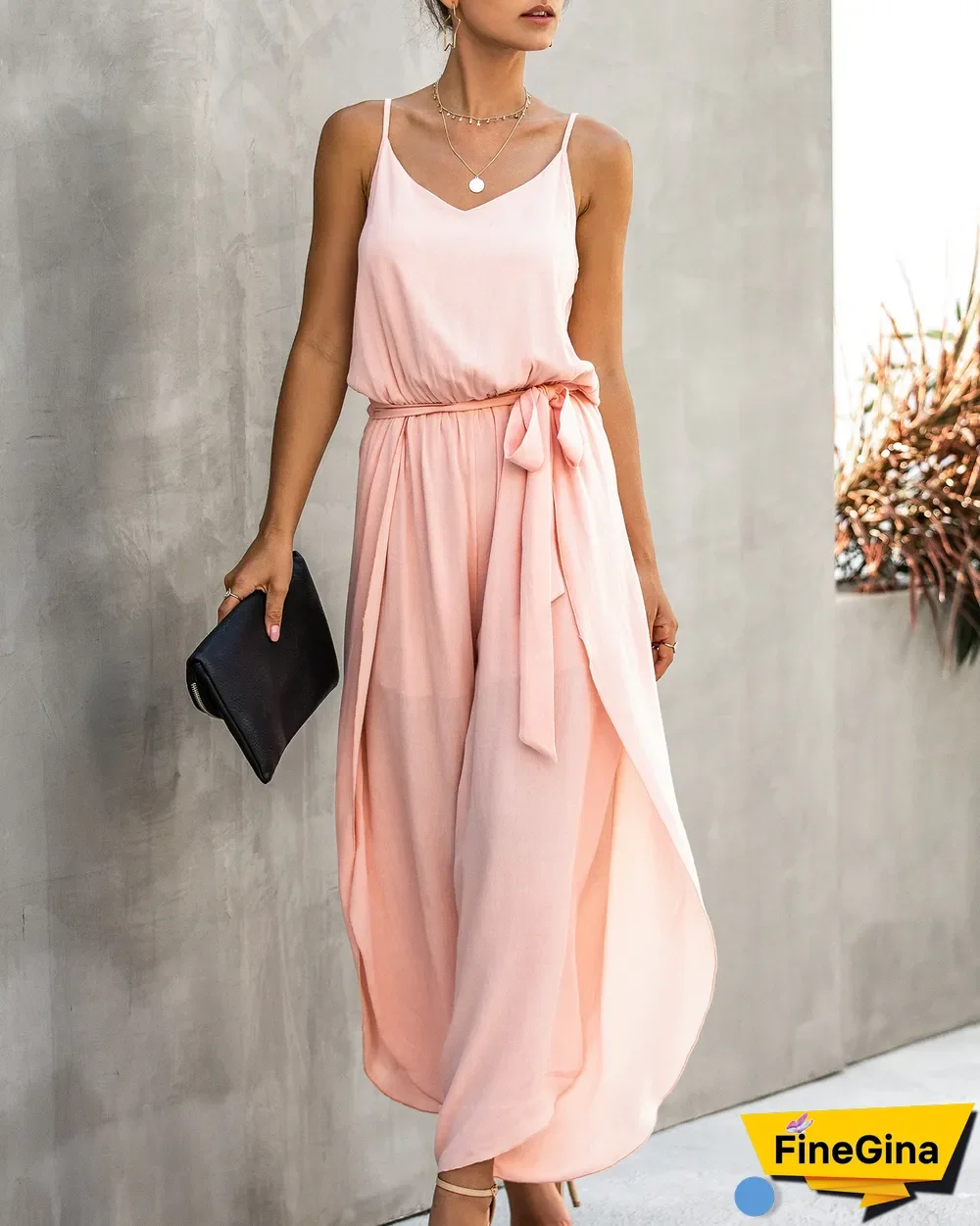 New Summer Fashion V-neck Sling Wide Leg Side Split Women's Jumpsuit