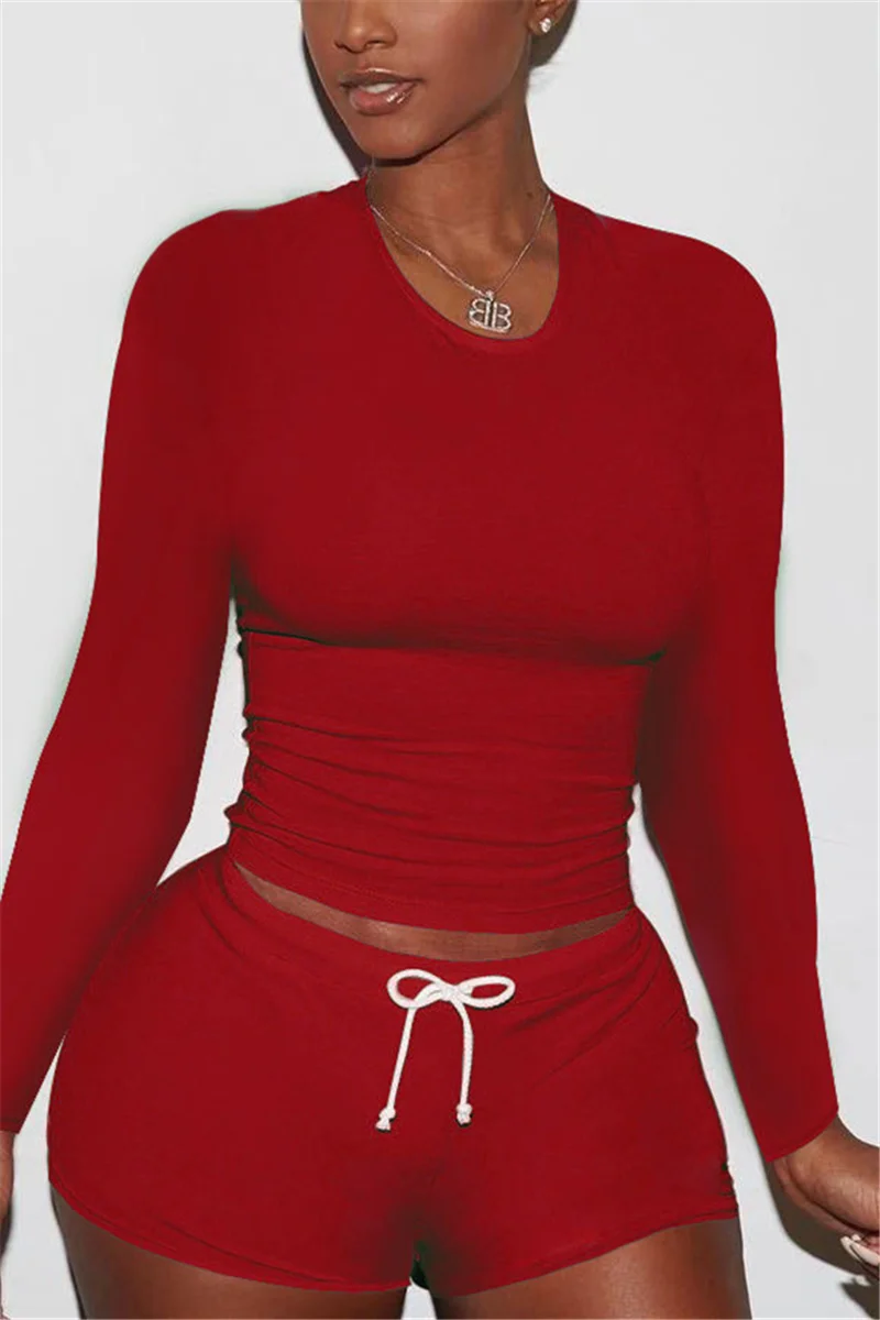 Red Fashion Active adult Ma'am Solid Two Piece Suits Straight Long Sleeve Two Pieces | EGEMISS