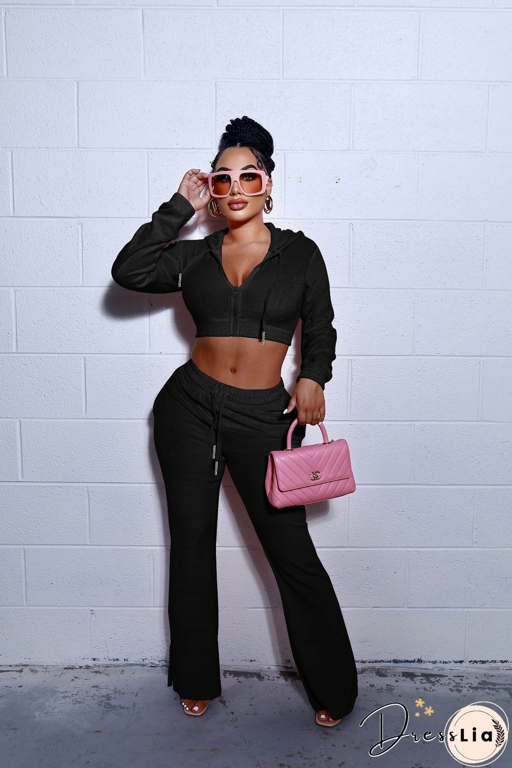 Zipper Hooded Jacket Flare Pants Velvet Two Piece Set