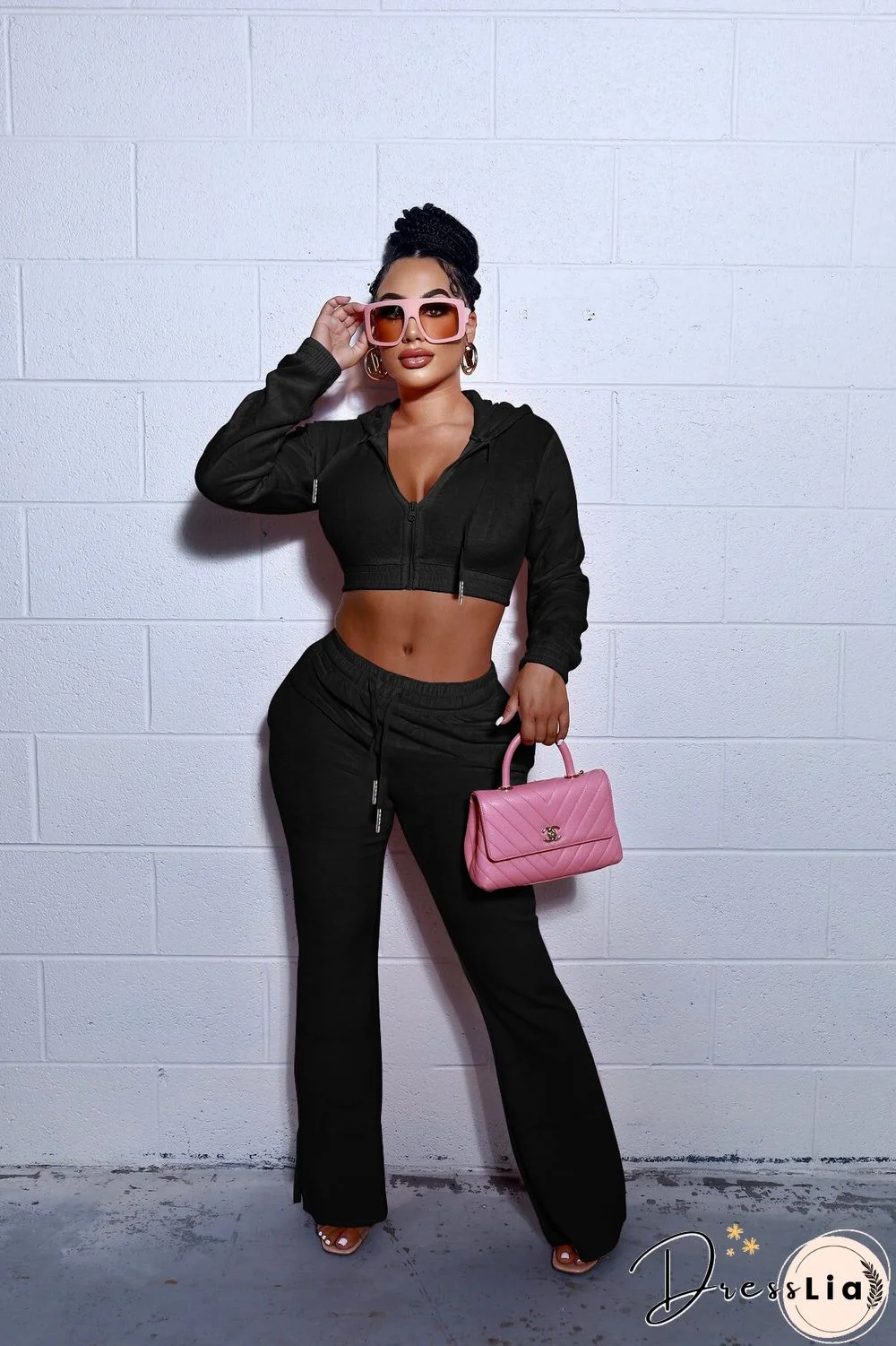 Zipper Hooded Jacket Flare Pants Velvet Two Piece Set