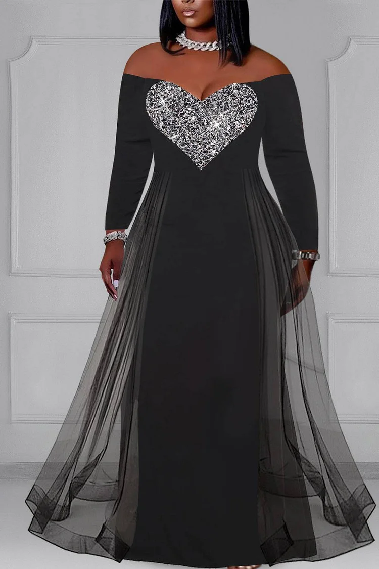 Plus Size Formal Dress Black Mesh Off The Shoulder Long Sleeve Sequin Knitted Maxi Dress