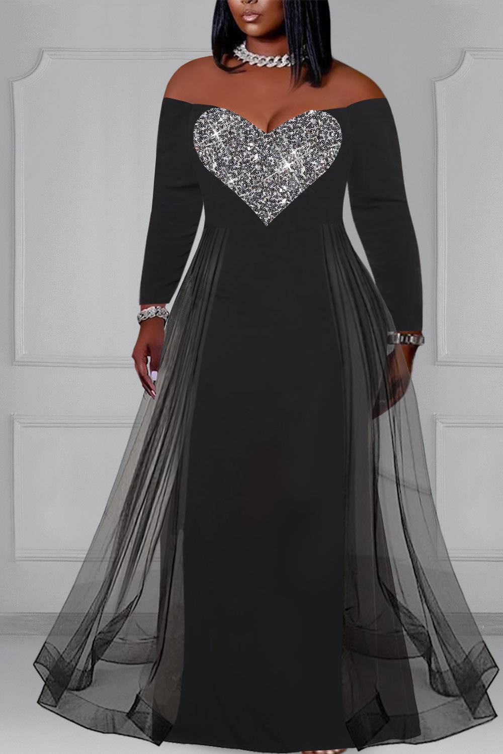 Plus Size Formal Dress Black Mesh Off The Shoulder Tulle Long Sleeve Sequin Knitted Maxi Dress