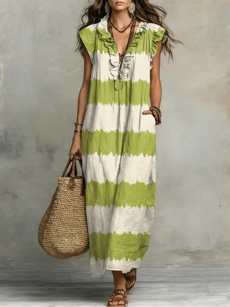 Women's Stripe Print Casual Ruffled Stylish Cotton Linen Dress