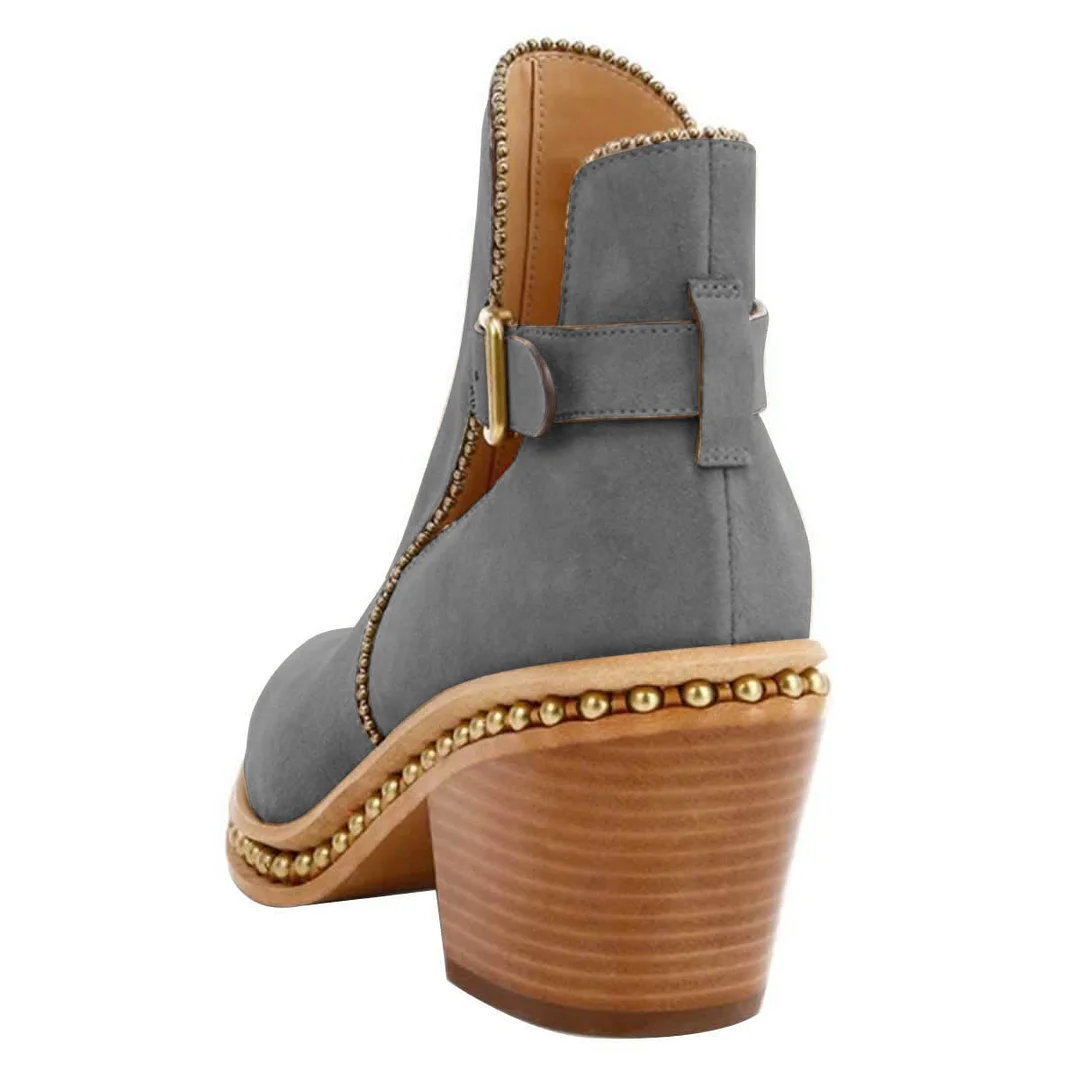 Grey Vegan Suede Studded Stacked Heeled Booties with Buckle Strap