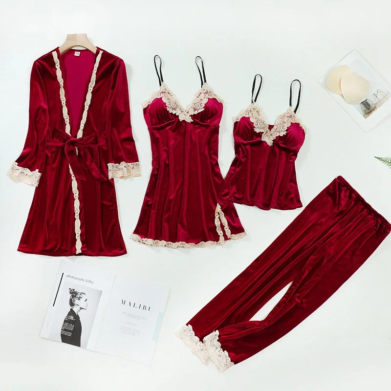 New Female Velvet Pajamas Set Autumn Winter Velour Sleepwear Bathrobe  Lace Trim Pyjama Trouser Suits Casual Home Wear