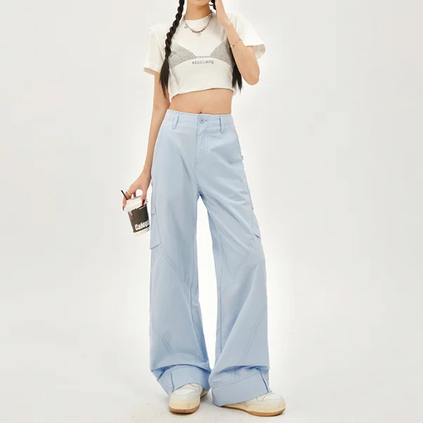 Lvpinyuan AAA++ Y2K Young Style Casual High Waist Solid Color Cargo Pants For Women Streetwear Wide Leg Overalls Baggy Full Length Trouser