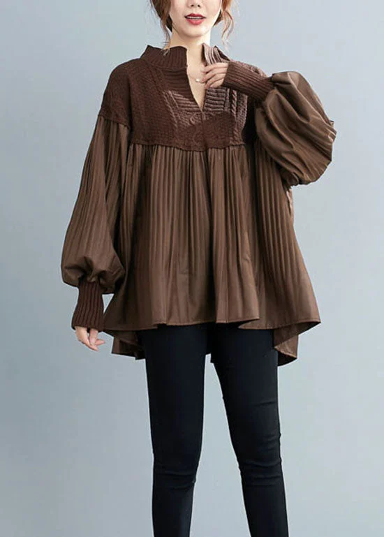 Simple Chocolate V Neck Knit Patchwork Top Spring