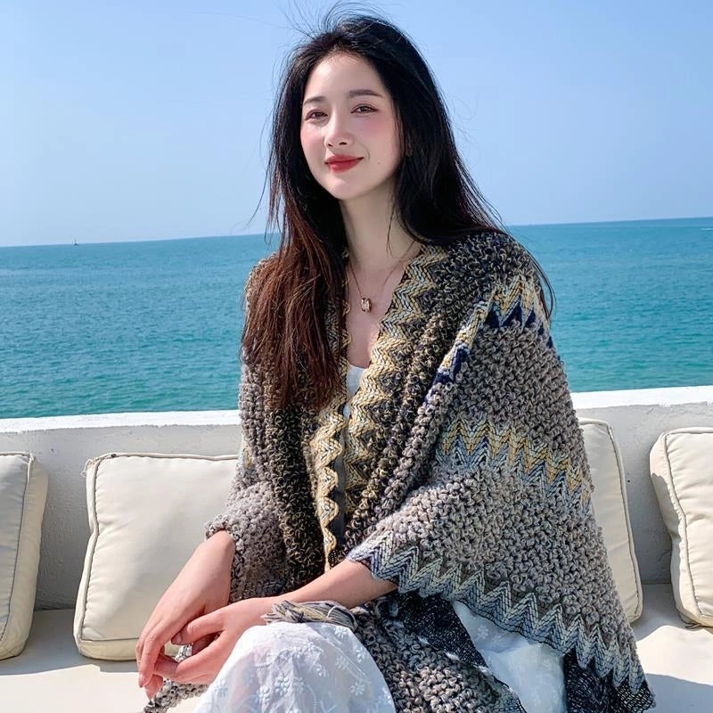 Yunnan Lijiang Travel Outside Knitted Shawl Ethnic Style Vintage Cape Cloak Tassel Scarf For Vacation Wear